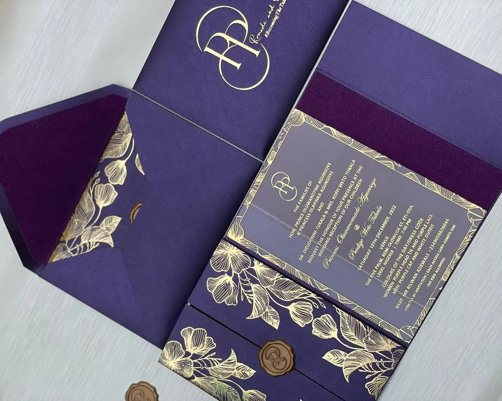 custom acrylic wedding invitation card set with customized envelope design
                                                        and printing in lagos nigeria