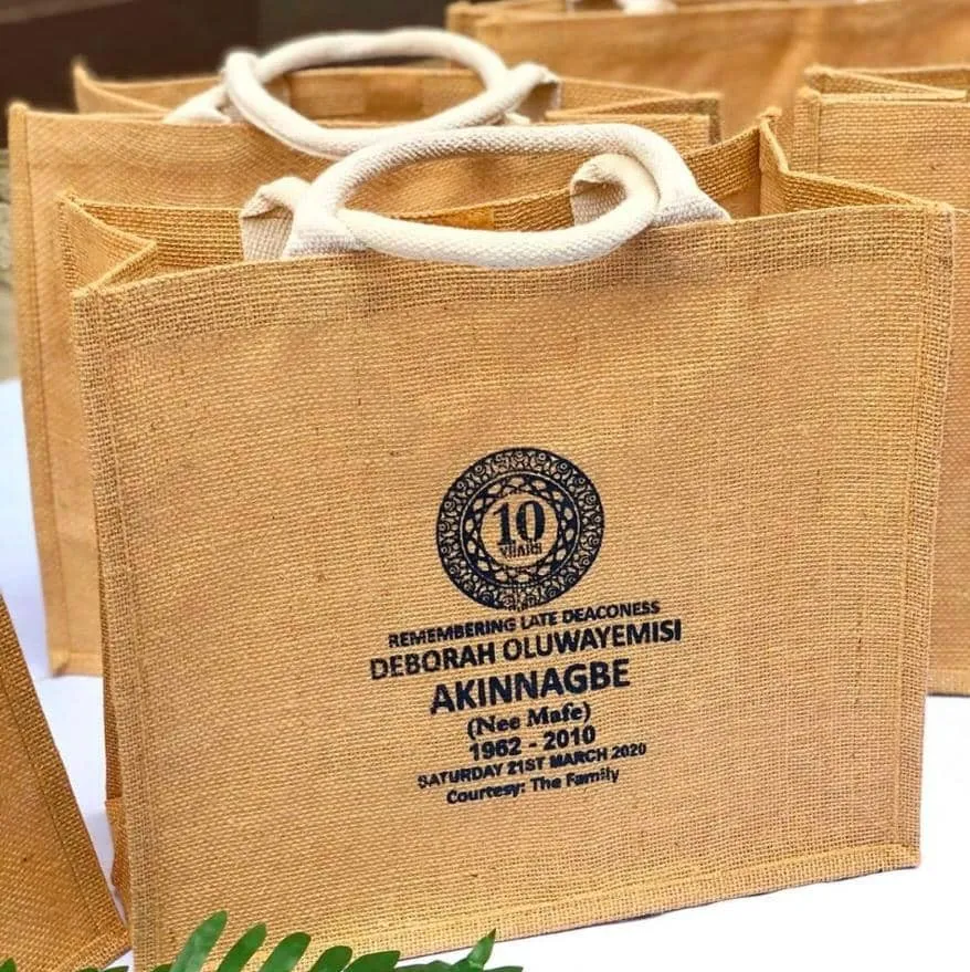 Top high best quality customized branded standard fancy retractable fashionable funeral/burial event souvenir jute bags  design and printing in Lagos, Abuja, Nigeria Africa.