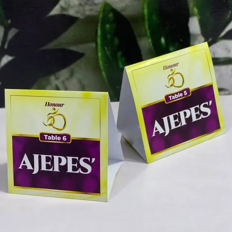 best high top quality custom branded customized wedding event personalized table tags design and printing in Lagos, Abuja, Nigeria, Africa.