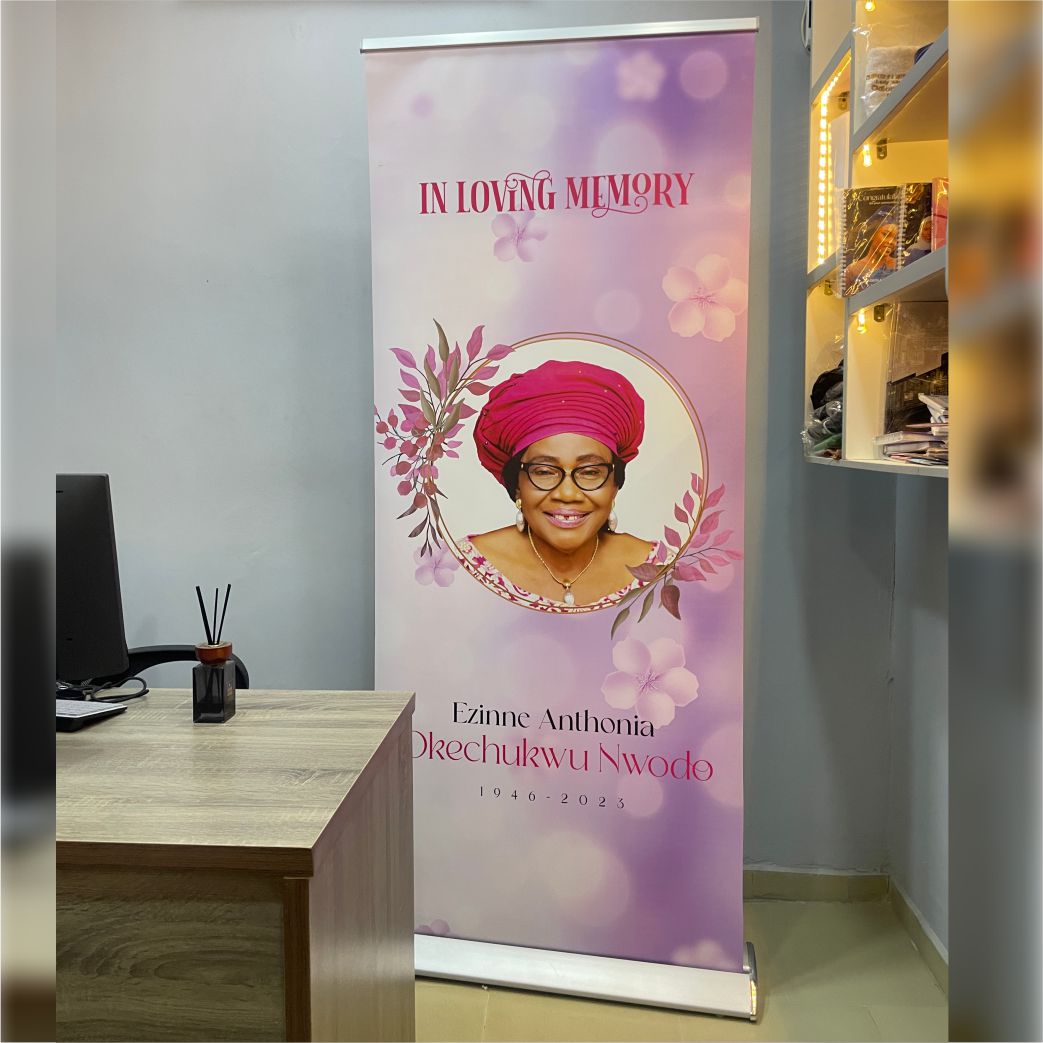 Best high top quality customized branded custom retractable fashionable burial/funeral roll up event banner design and printing in Lagos,
                                                        Abuja, Nigeria, Africa.