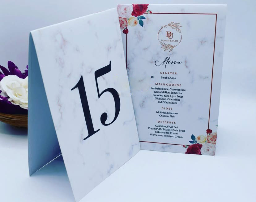 Customized wedding funeral event table tag tent cards design and printing in lagos nigeria