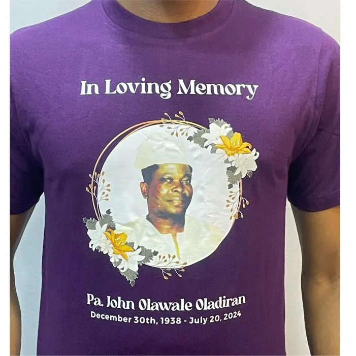 Customized high best quality top branded custom retractable luxury fashionable funeral/burial event round neck t-shirt design and printing in Lagos, Abuja, Nigeria, Africa.