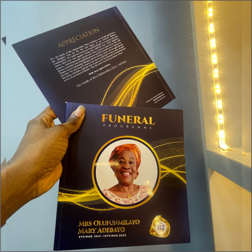 Customized high best quality top branded custom retractable luxury fashionable square funeral brochure program design and printing in Lagos, Abuja, Nigeria, Africa.