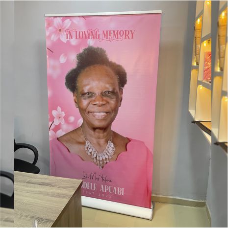 Best high top quality customized branded retractable fashionable funeral/burial roll up banner design and printing in Lagos, Abuja, Nigeria, Africa.