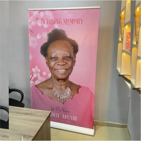 Best high top quality customized branded retractable fashionable funeral/burial roll up banner design and printing in Lagos, Abuja, Nigeria, Africa.