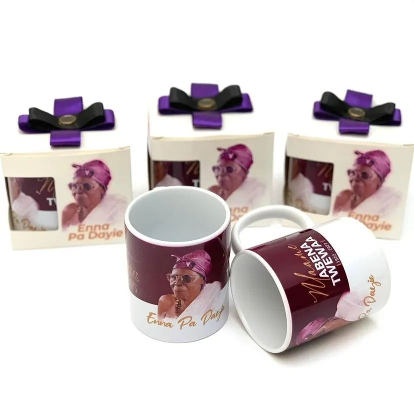 best high top quality custom branded customized retractable funeral/burial event souvenir coated mugs design and printing in Lagos, Abuja, Nigeria, Africa.