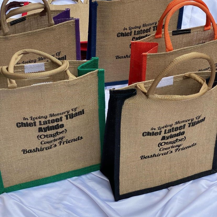 best high top quality custom branded customized funeral/burial event souvenir jute bags design and printing in Lagos, Abuja, Nigeria, Africa.