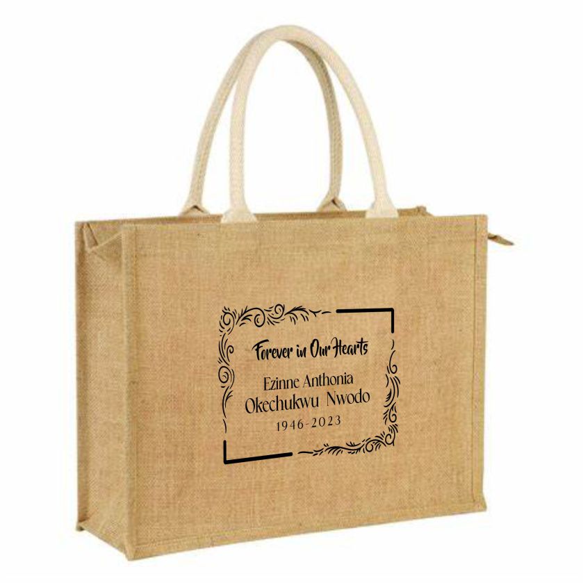 High best top quality customized branded custom premium funeral/burial event party souvenir gift item jute bag design and printing
                                                            in Lagos, Abuja, Nigeria, Africa.
