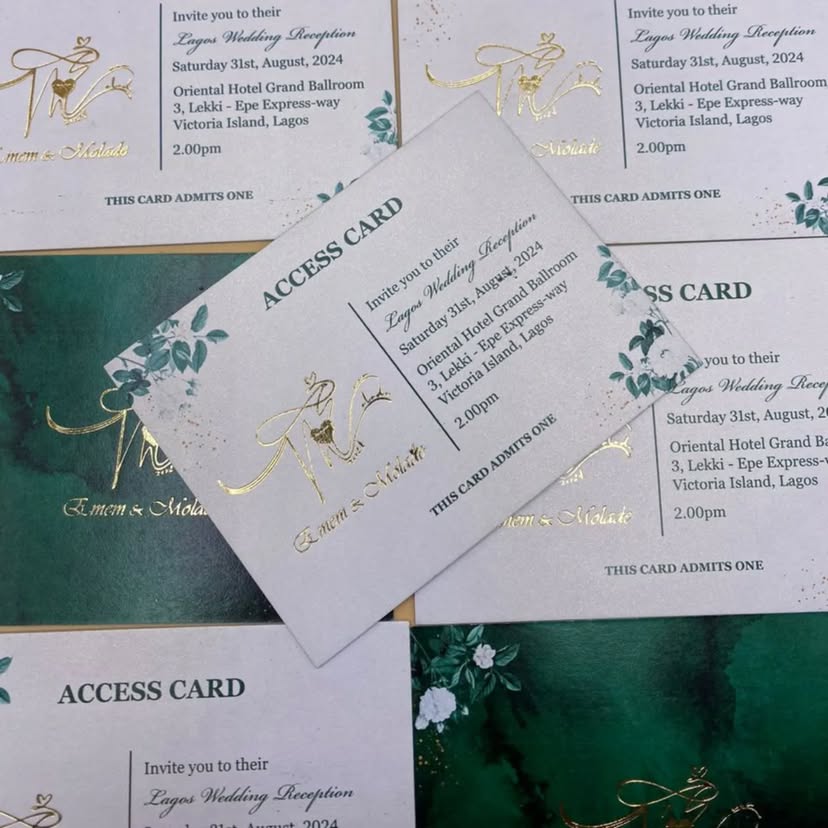 Best high top quality customized branded wedding event access cards design and printing in Lagos, Abuja, Nigeria, Africa.