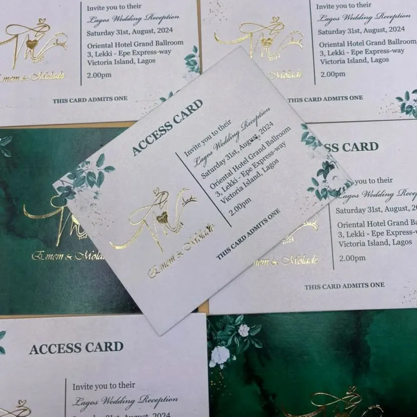 Best high top quality customized branded wedding event access cards design and printing in Lagos, Abuja, Nigeria, Africa.