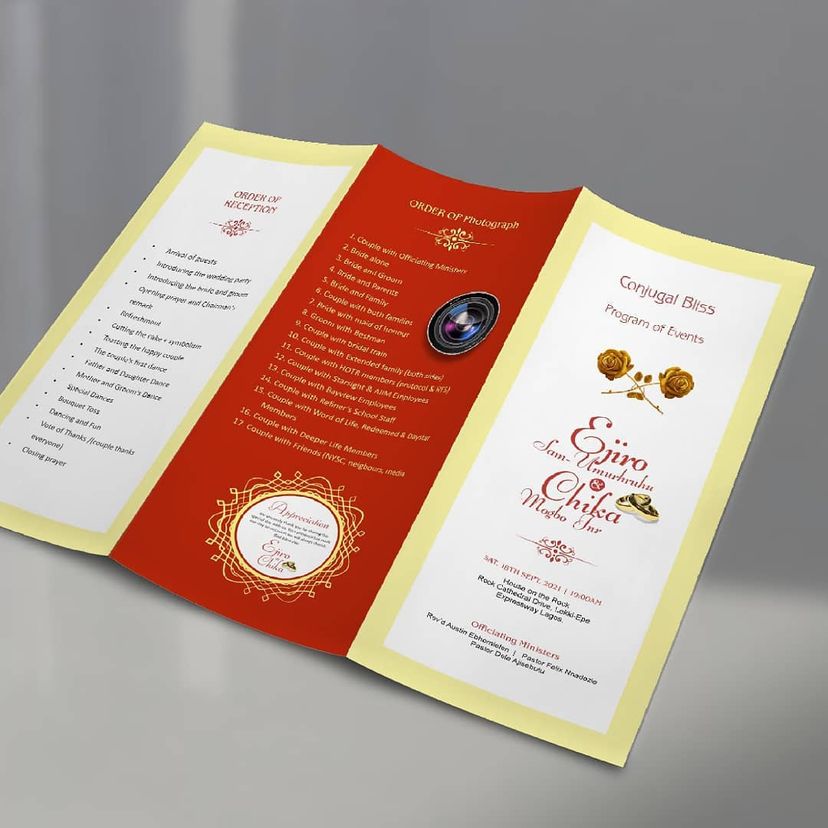 Top high best quality customized branded standard wedding program of events design and printing in Lagos, Abuja, Nigeria Africa.