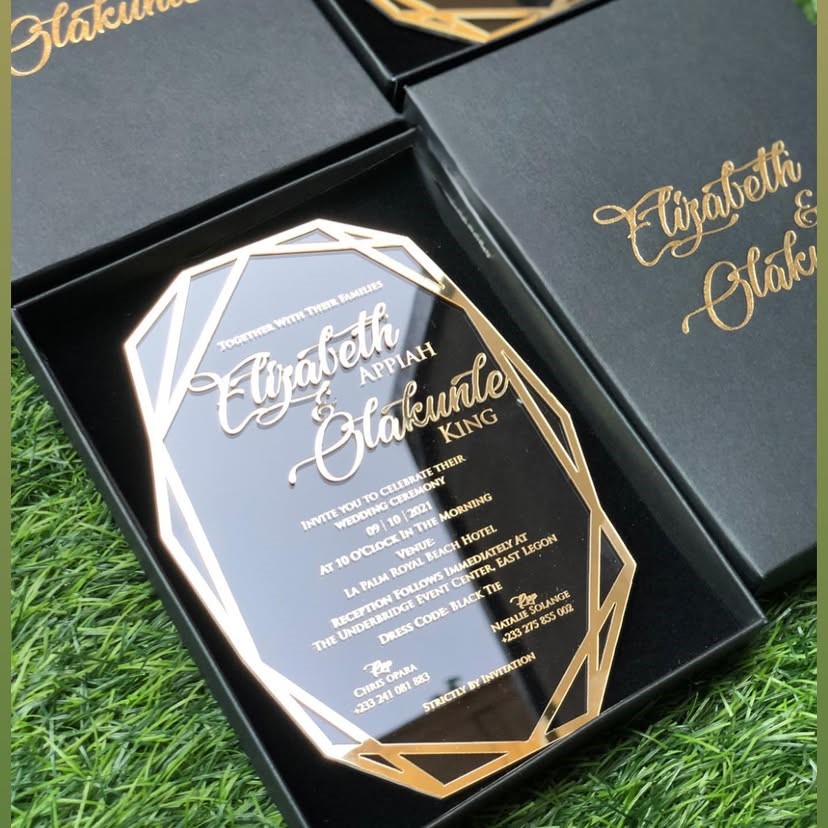 Customized high top quality custom branded wedding marriage premium acrylic invite design and printing in Lagos, Abuja, Nigeria, Africa