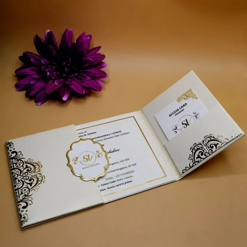 Best quality tri-fold wedding invites set with customized wedding access card printing in lagos nigeria
