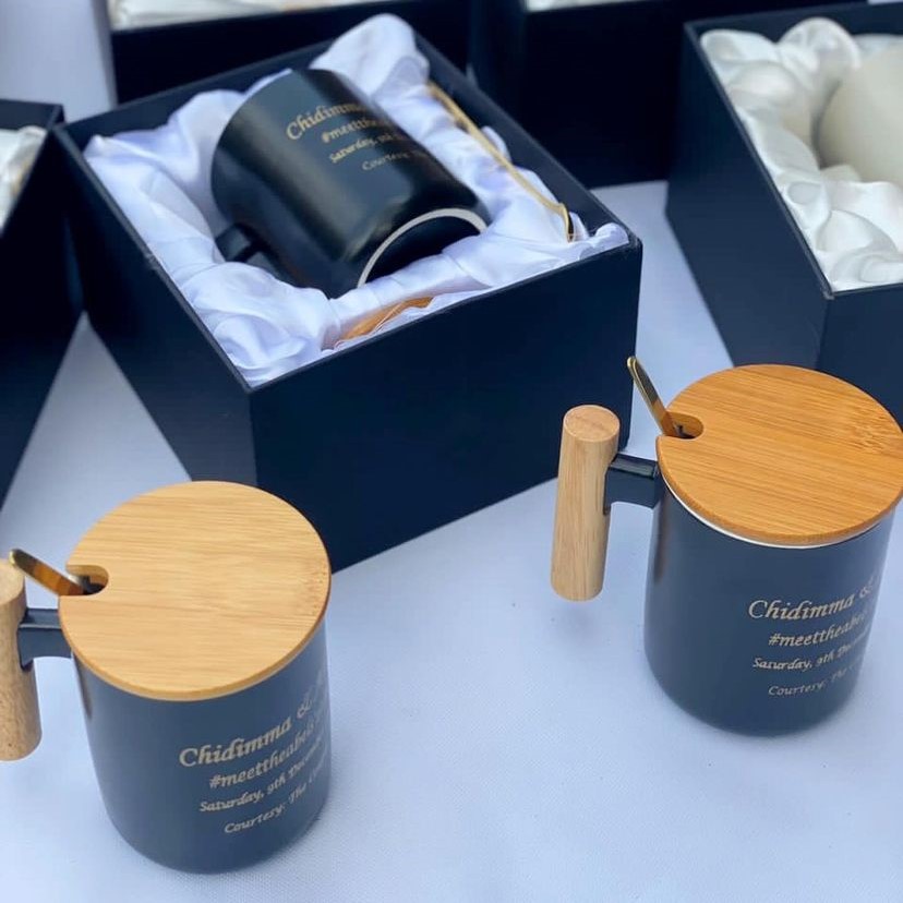 top quality personalized branded bamboo lid ceramic mug cup for wedding souvenirs marriage event printing in lagos nigeria