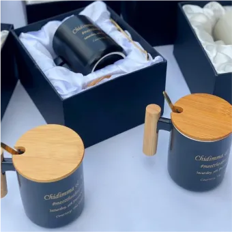 top quality personalized branded bamboo lid ceramic mug cup for wedding souvenirs marriage event printing in lagos nigeria