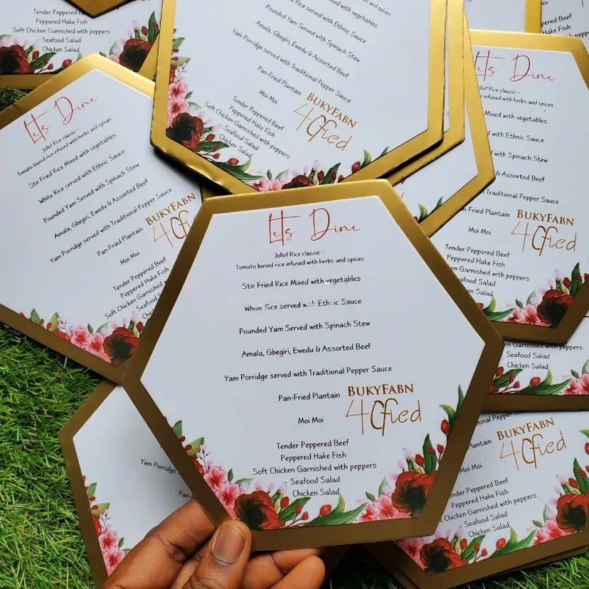 Customized branded best high top quality custom wedding event menu card design and printing in Lagos, Abuja, Nigeria, Africa.