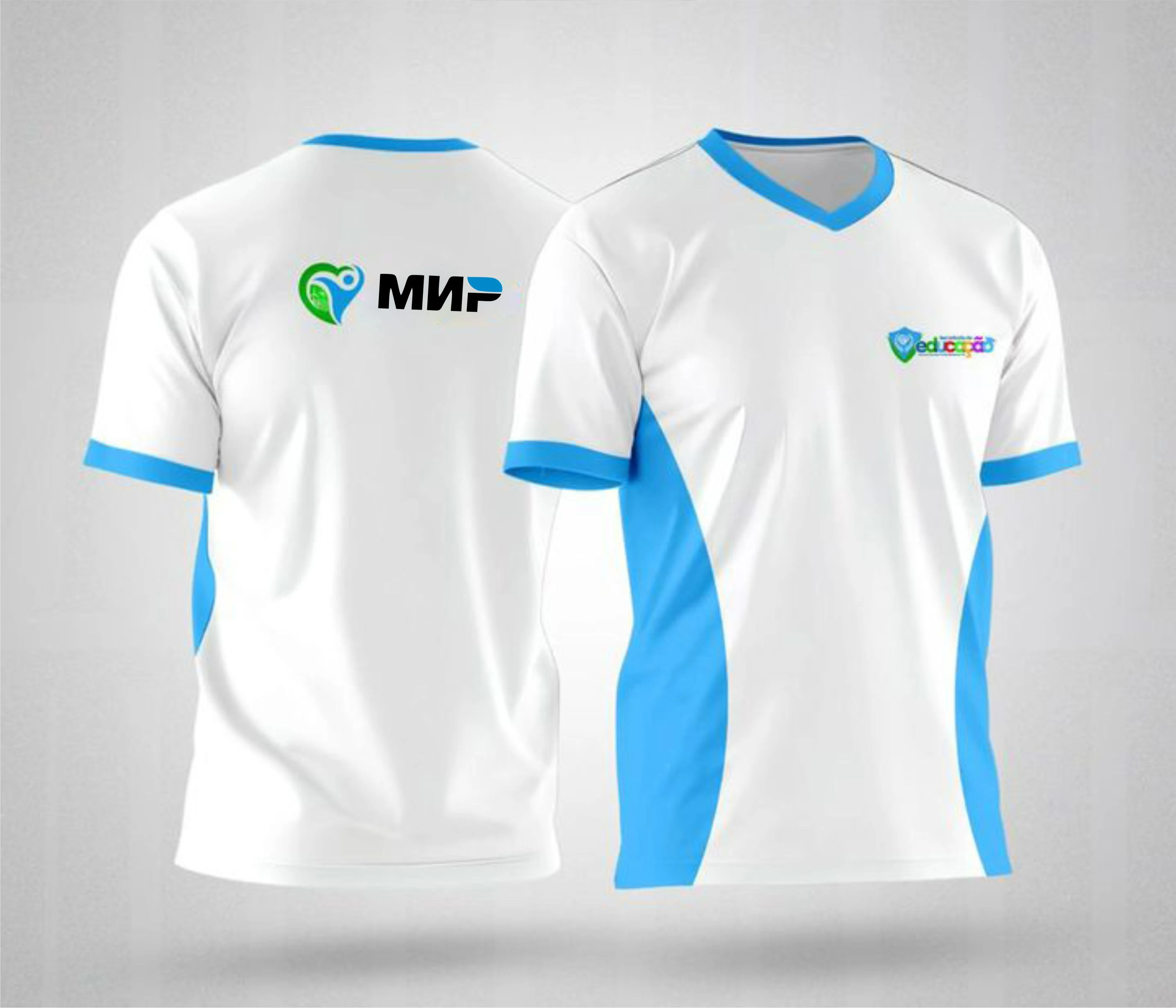 personalized company full logo branded blue and white short sleeve v-neck tshirt design and prints in lagos nigeria